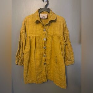 Dancing Ladies Shirt - 100% hemp mustard oversized button front Art to Wear